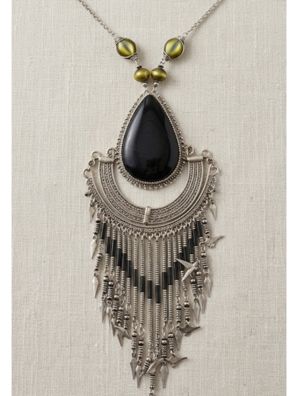 Bohemian Teardrop Pendant Necklace in Silver and Black Boho Festival Artsy